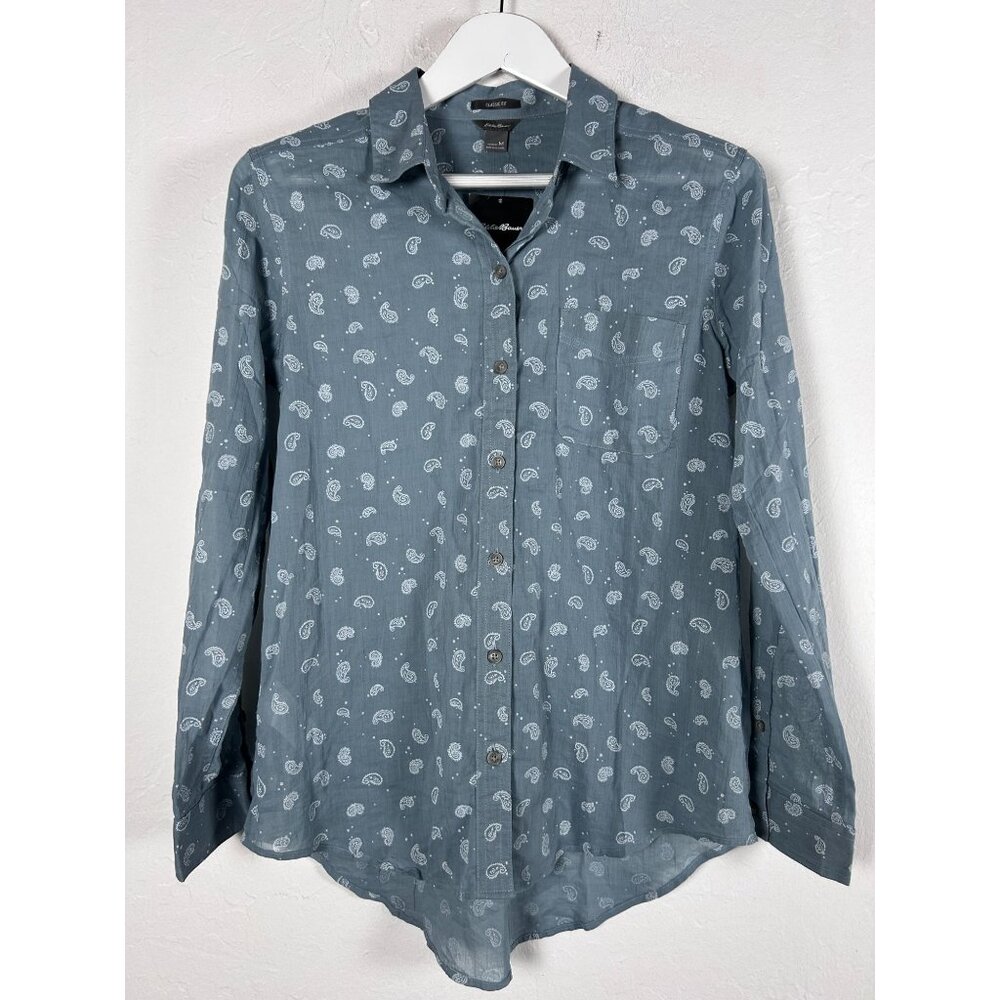 Eddie Bauer Womens Classic Fit Blue Paisley Button-Up Packable Shirt Medium New